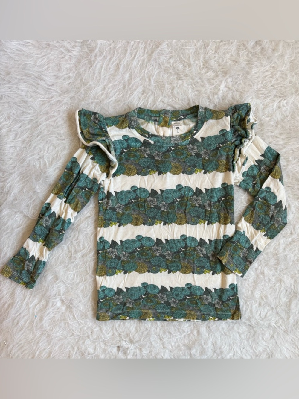 kate quinn Girls Cottagecore Green Floral Stripe Long Sleeve Ruffle Top